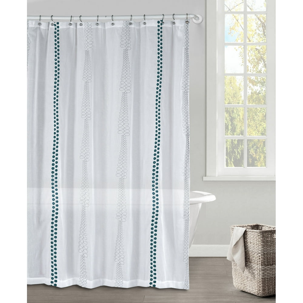 White Gray and Dark Teal Faux Linen Textured Sheer Fabric Shower ...