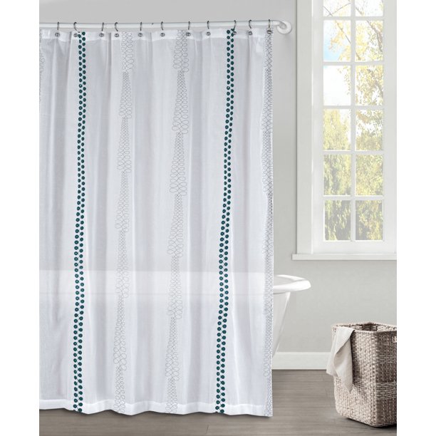 White Gray and Dark Teal Faux Linen Textured Sheer Fabric Shower