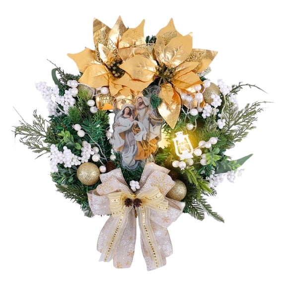 HioHa 16-Inch Christmas Wreath with Golden Poinsettia & Lights, Pre-Lit LED Artificial Floral Wreath with Bow, for Front Door Home Holiday Party Decoration
