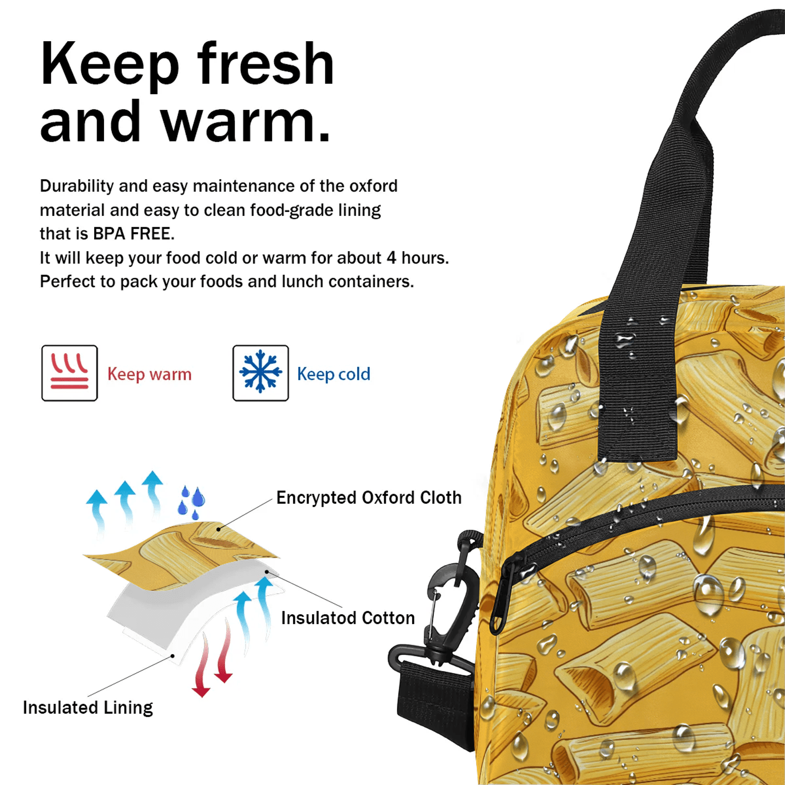 Herdesigns Noodles Lunch Bag for Women Men Adult, Funny Food Large Insulated Reusable Lunch Box Leakproof Portable Cooler Tote Bags for Work Picnic Beach