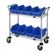 Quantum Storage Systems WRC2-1836-1285BL Wire Heavy Duty Wheels 2 Shelves 38" H x 36" W x 18" D with 8 Blue Bins 13" L x 9" W x 5" H