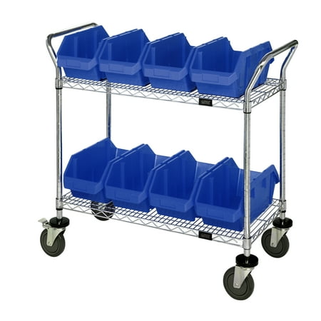 Quantum Storage Systems WRC2-1836-1285BL Wire Heavy Duty Wheels 2 Shelves 38" H x 36" W x 18" D with 8 Blue Bins 13" L x 9" W x 5" H