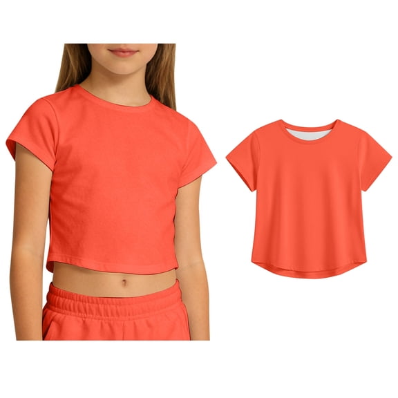 Girls Short Sleeve Crop Tops Kids Fashion Athletic Crew Neck T Shirts Casual Basic Tees Summer Clothes 13-14 Years