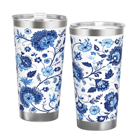 20oz Blue Porcelain Floral Tumbler Stainless Steel Insulated Travel Coffee Cup Gift with Double Silver Rim