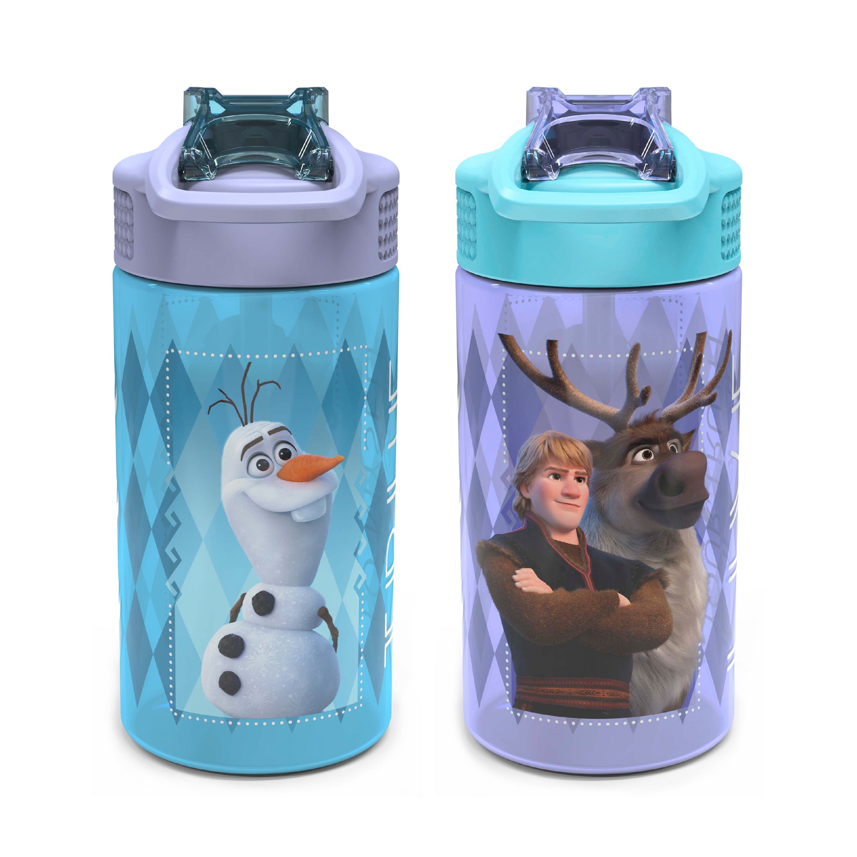 Zak Designs 2pc 16 oz Disney Frozen 2 Movie Kids Water Bottle Plastic with Easy-Open Locking Spout Cover for Travel, Anna and Elsa
