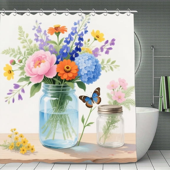Watercolor Flower Print Shower Curtain,Modern Fabric Waterproof Shower Curtain Set with Hooks 70.8×70.8Inch (180×180cm)