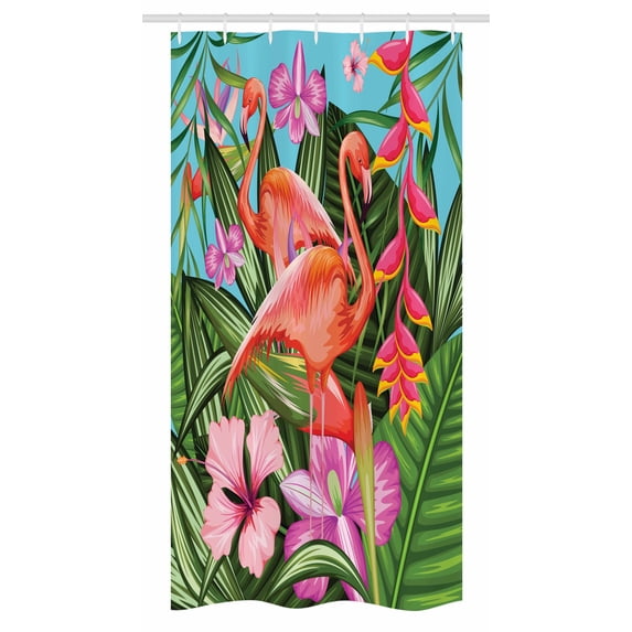 Flamingo Stall Shower Curtain, Illustration of Flamingo with Tropical Garden Hibiscus Flower Plant Vintage, Fabric Bathroom Set with Hooks, 36W X 72L Inches Long, Green Pink Blue, by Ambesonne