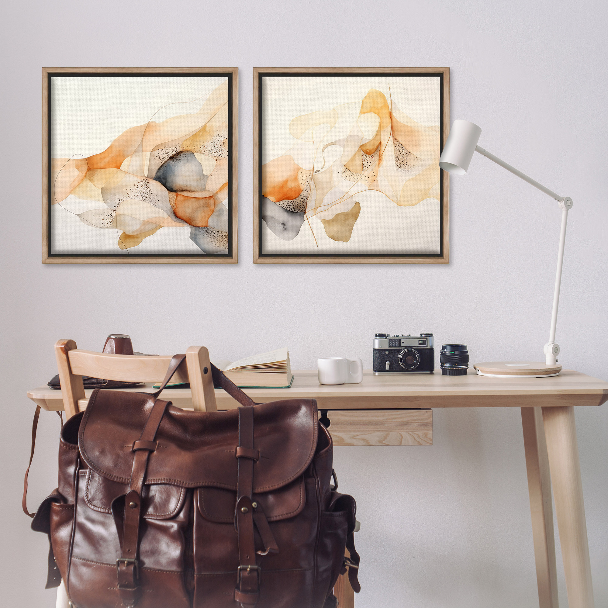 Stupell Industries Abstract Peach Watercolor Shapes Abstract Painting Brown Floater Framed Canvas Art Print Wall Art, 25 x 25, Set of 2