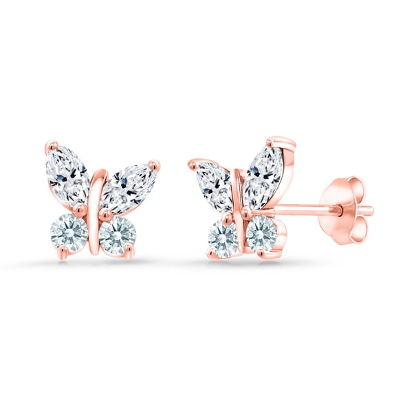 Gem Stone King 18K Rose Gold Plated Silver Marquise White Zirconia Butterfly Earrings for Women (1.40 Cttw, Gemstone Birthstone, Center Stone: 6X3MM, Small Stones: 3MM)
