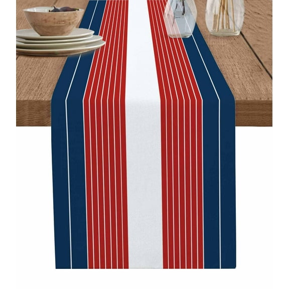 Navy Blue Red Stripe Burlap Cotton Table Runner 13x72 Inches Long, Modern Art Horizontal Striped Farmhouse Table Runners, Outdoor Dining Tablecloths Decor for Baby Shower/Party/Wedding