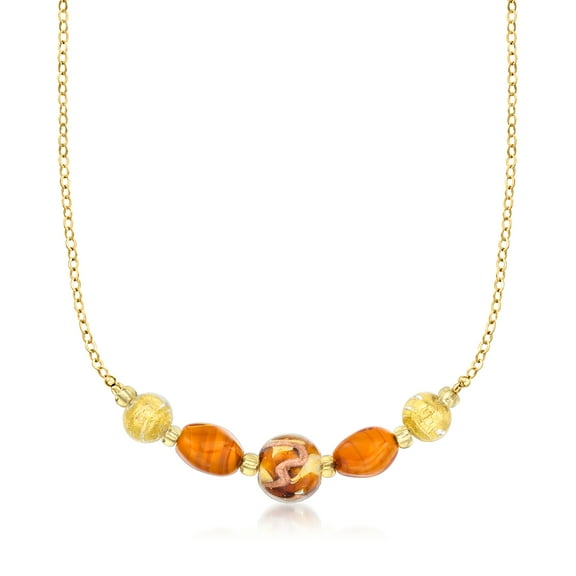 Ross-Simons Italian Brown and Orange Murano Glass Bead Necklace in 18kt Gold Over Sterling, Women's, Adult