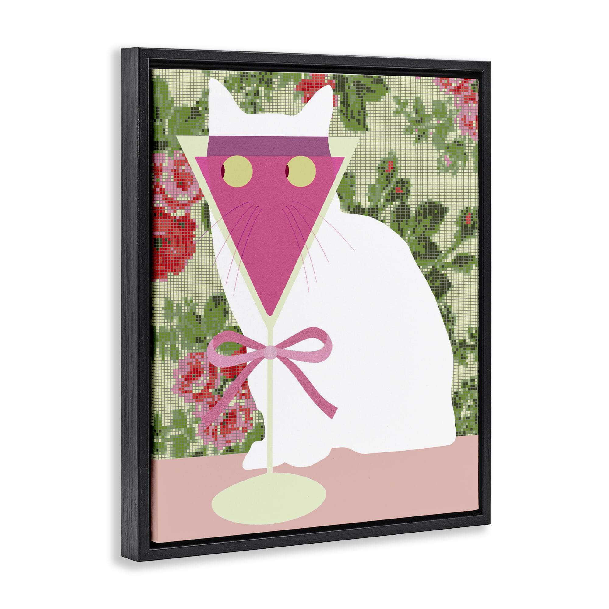 Stupell Industries White Cat with Pink Martini Black Framed Floater Canvas Wall Art, design by Lil' Rue
