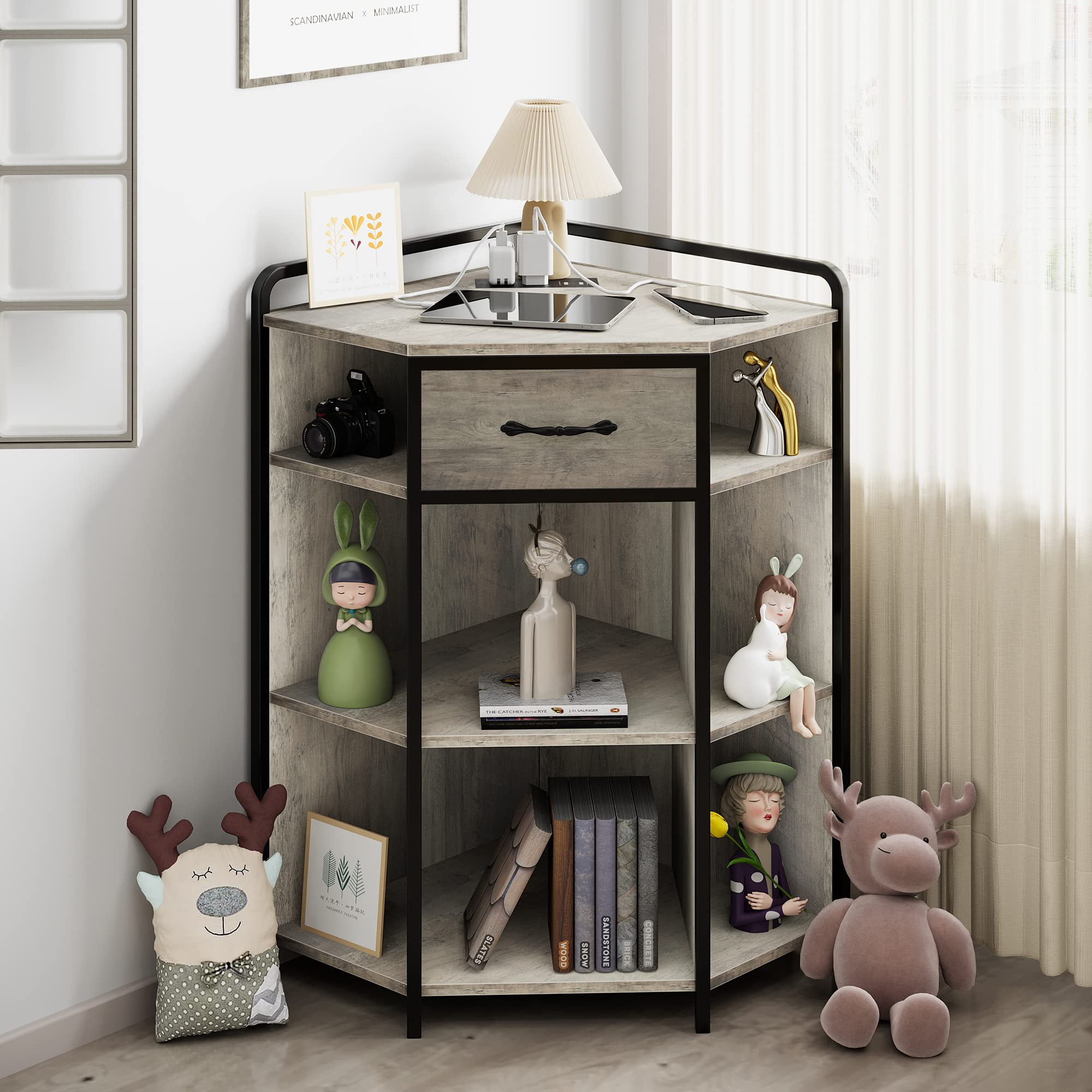 Leeten Wooden Corner with USB Ports and Outlets, Corner Storage for Small Space