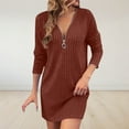 thumbnail image 2 of Womens Long Sleeve Dress with Zipper V Neck Ribbed Knit Sweater Dress Short Length Fashion Casual Fall Outfits (XL, Orange), 2 of 7