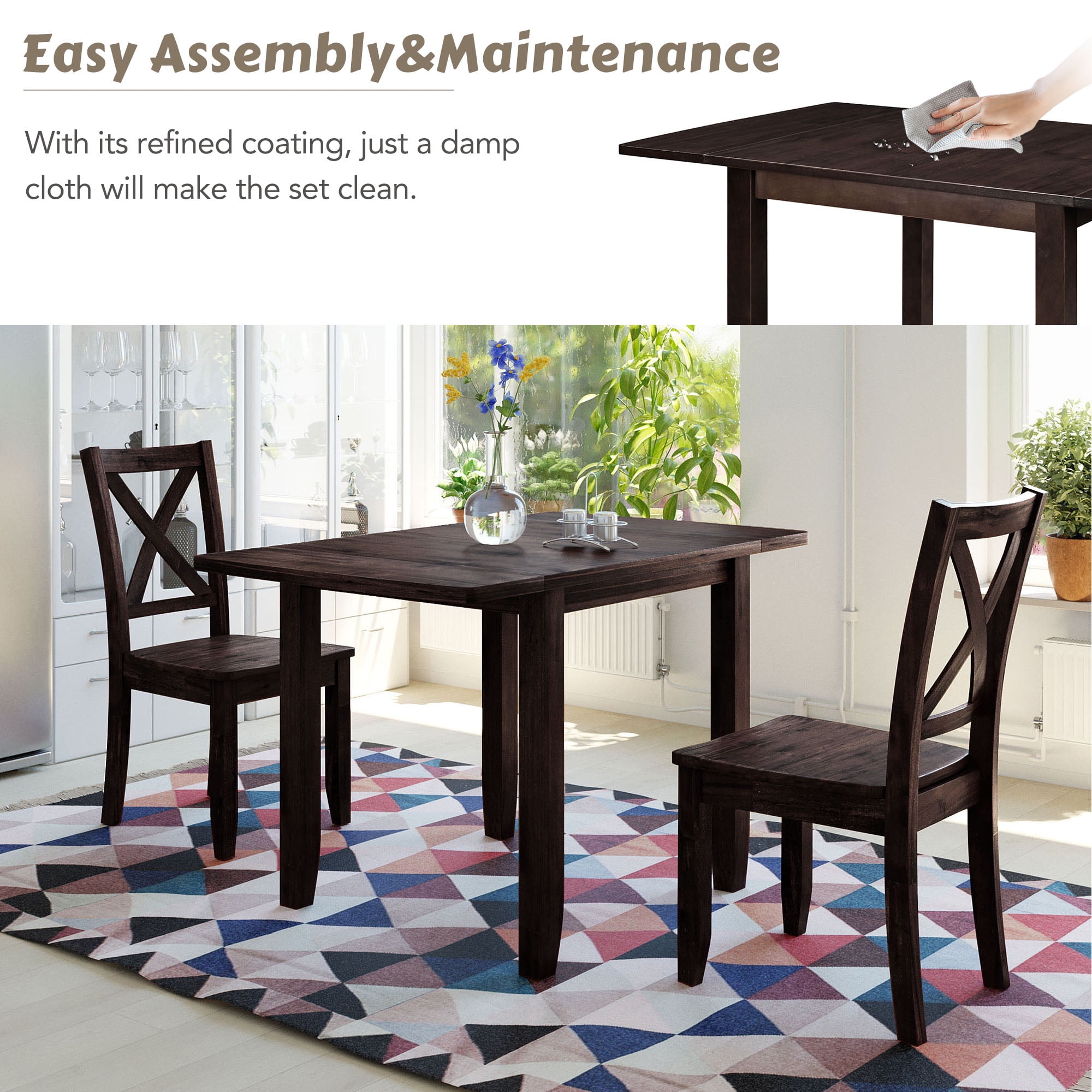 MAYEERTY 3-Piece Wood Drop Leaf Breakfast Nook Dining Table Set with 2 X-back Chairs for Small Spaces, Espresso