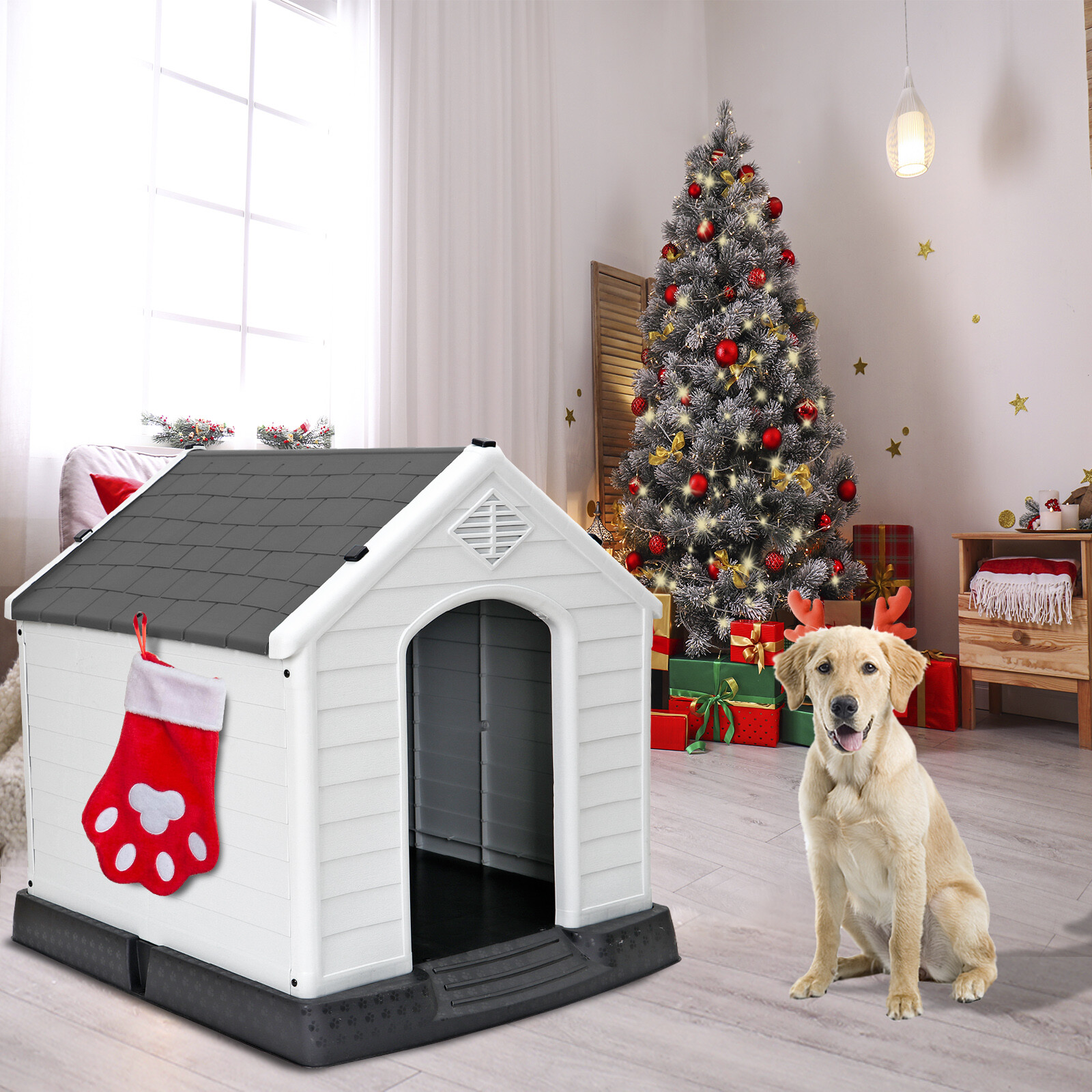ZENSTYLE Dog House Comfortable Cool Shelter Plastic Design For Small to Medium Sized Indoor Outdoor Gray