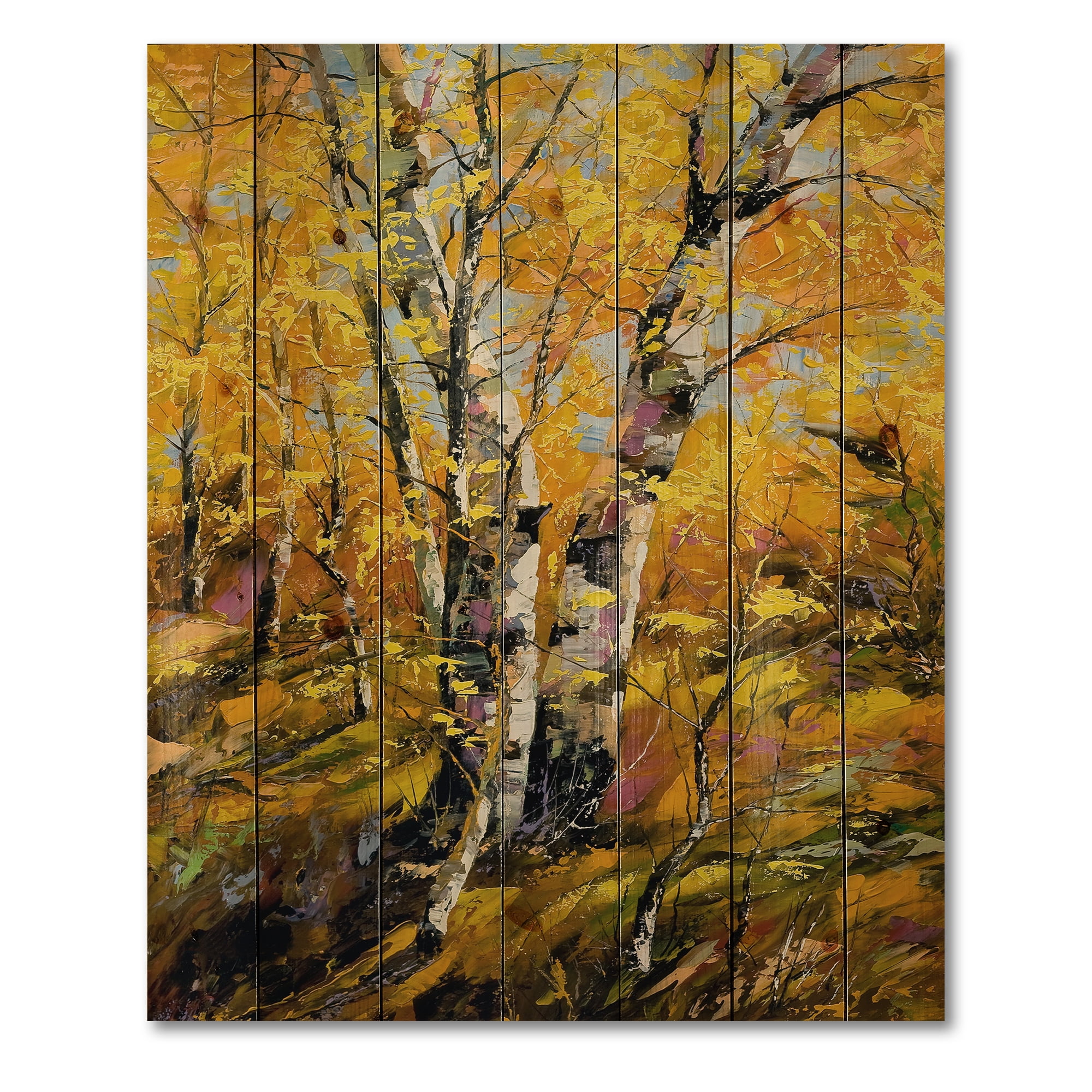 Designart 'Birches In Yellow Autumn Wood Forest' Country Print on Natural Pine Wood