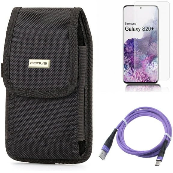 6ft USB Cable w Screen Protector w Case Belt Clip for Samsung Galaxy S20 Plus - Purple Type-C Charger Cord, Tempered Glass [Fingerprint Unlock] 3D Curved Edge, Rugged Holster fits Galaxy S20 Plus