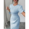 thumbnail image 3 of Blue Summer Womens Solid Color Round Neck Petal Sleeve Elegant Maxi Dress, 3 of 7