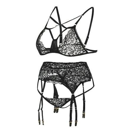 

Zerlibeaful Lingerie for Women 3PCS Bra Garter Suit Top Erotic Lace Set Underwear