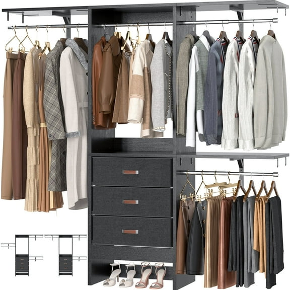 iSunirm 5FT Small Closet System with 3 Fabric Drawers, Walk In Clothes Organizer System With 3 Adjustable Shelves, Heavy Duty Closet Rack, Garment Rack for Bedroom, Black