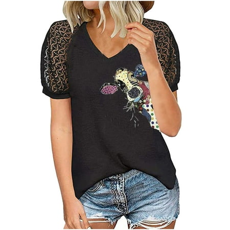 

Blouses for Women Fashion 2023 Women Casual Short Sleeve Hollow Out V-Neck Tops Printed Patchwork Blouse Oversized T Shirts for Women Black S