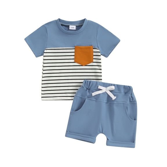 Bagilaanoe 2pcs Toddler Baby Boy Shorts Set Short Sleeve Stripe T Shirt Tops Shorts 6M 12M 18M 24M 3T Kids Casual Summer Clothes