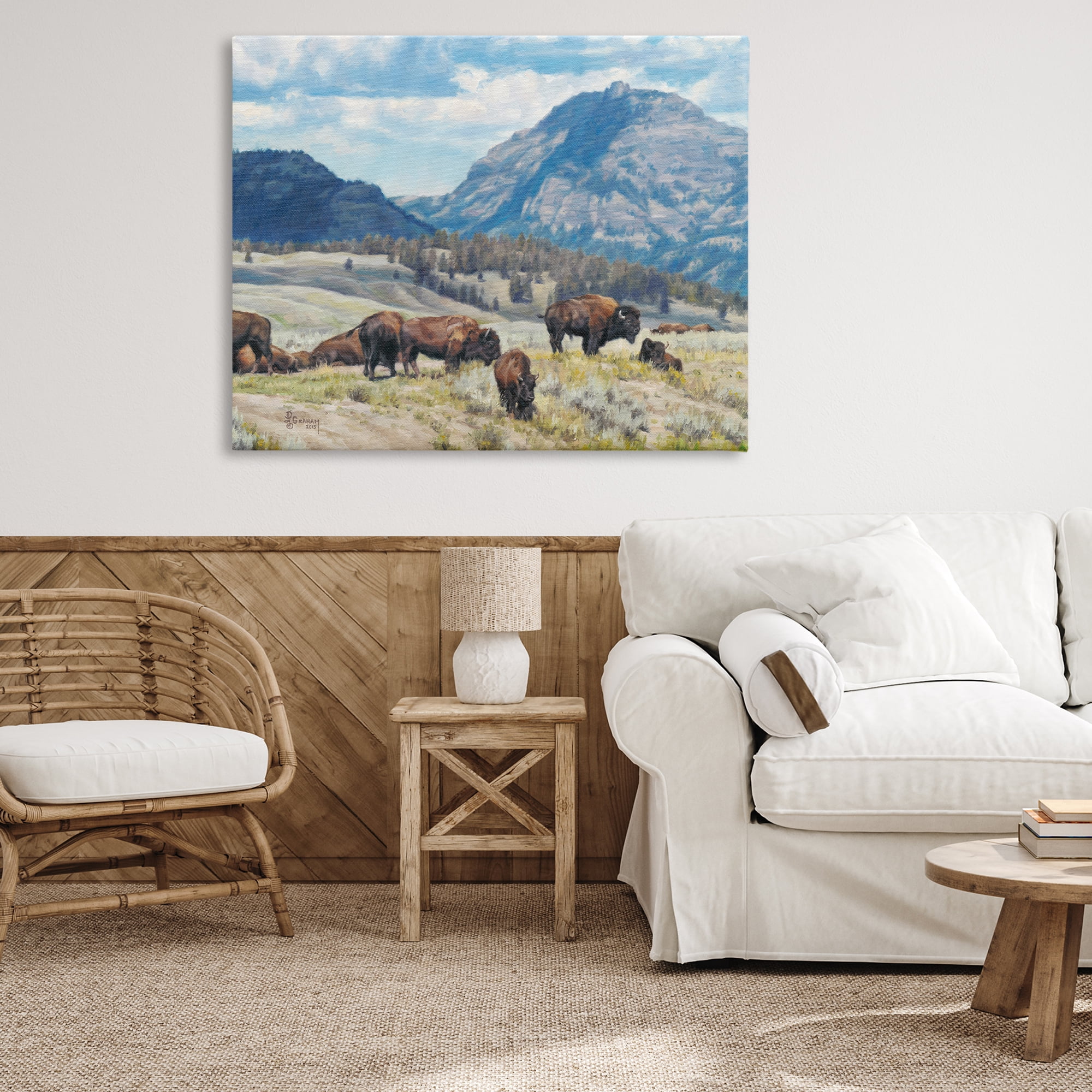 Stupell Industries Sunny Afternoon Bison Landscape Painting Gallery Wrapped Canvas Art Print Wall Art, 48 x 36