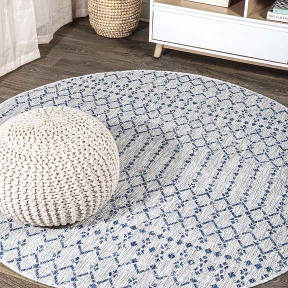 JONATHAN Y SANTA MONICA 9' Round Area Rug, Ourika Moroccan Geometric Textured Weave - Light Gray/Navy, SMB108A-9R