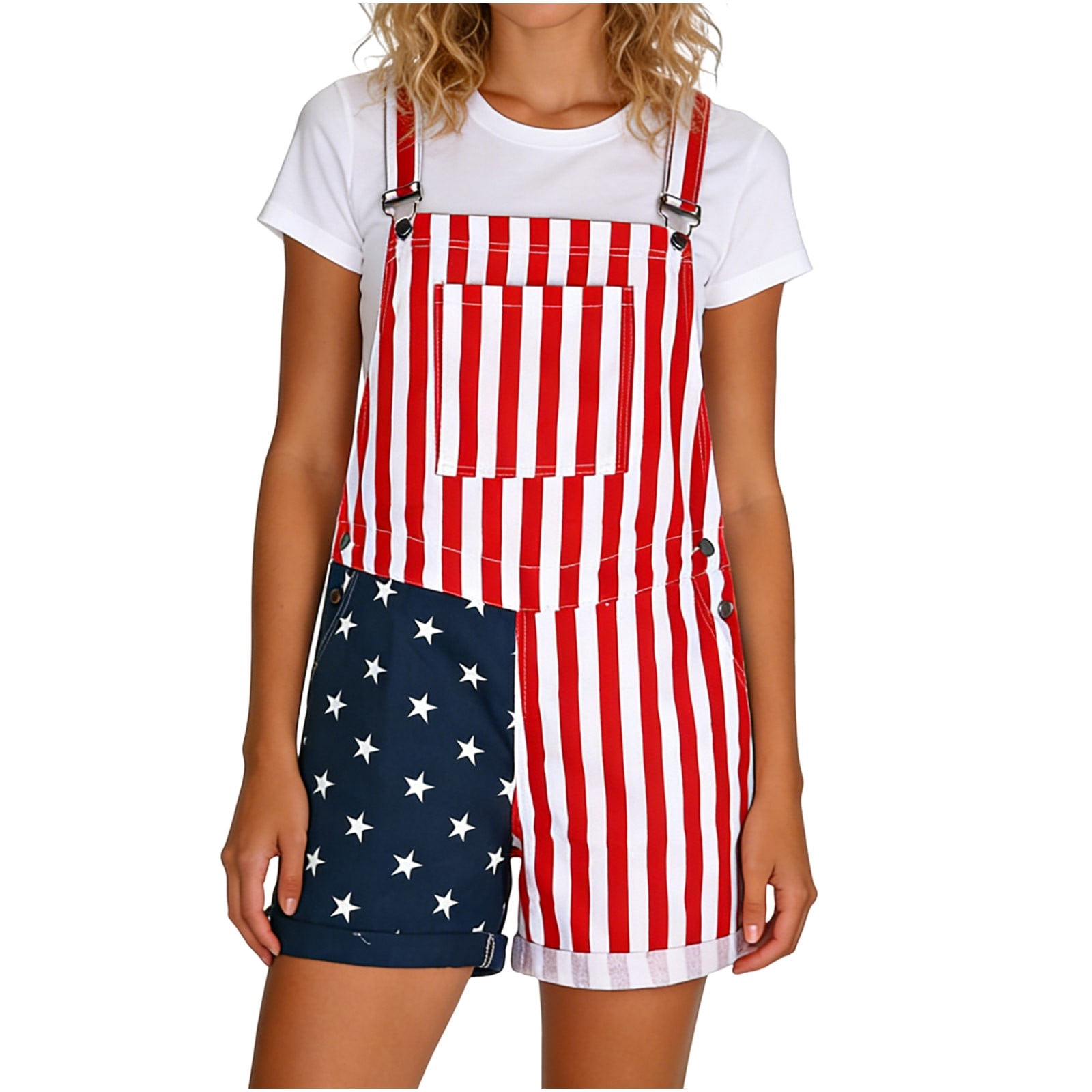 FchengtaiS American Flag Overalls Women Denim Bib Romper 4th of July Striped Stars Jumpsuit Shorts Independence Day Outfits