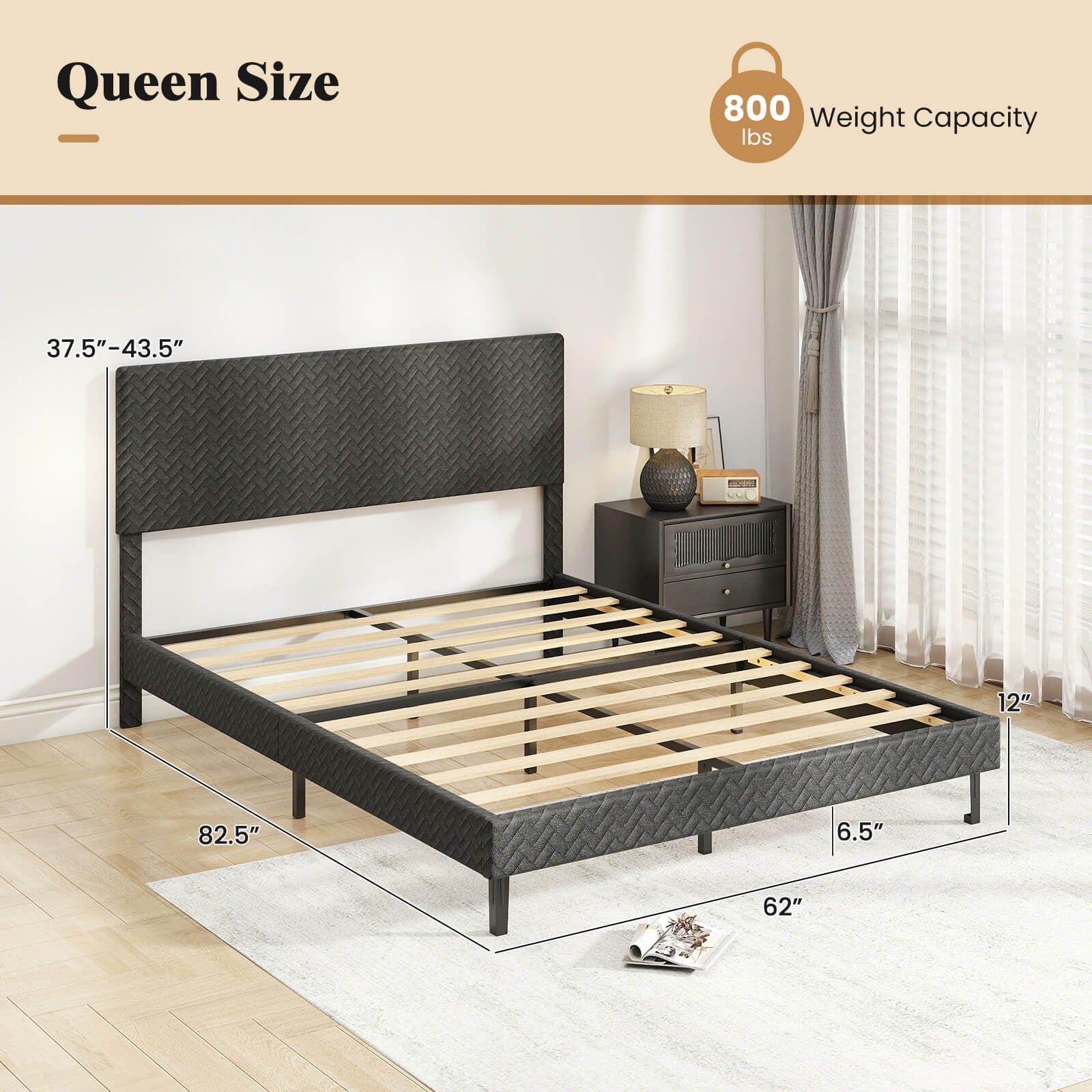 Costway Queen Size Bed Frame with Height Adjustable Chevron Headboard, No Box Spring Needed Gray