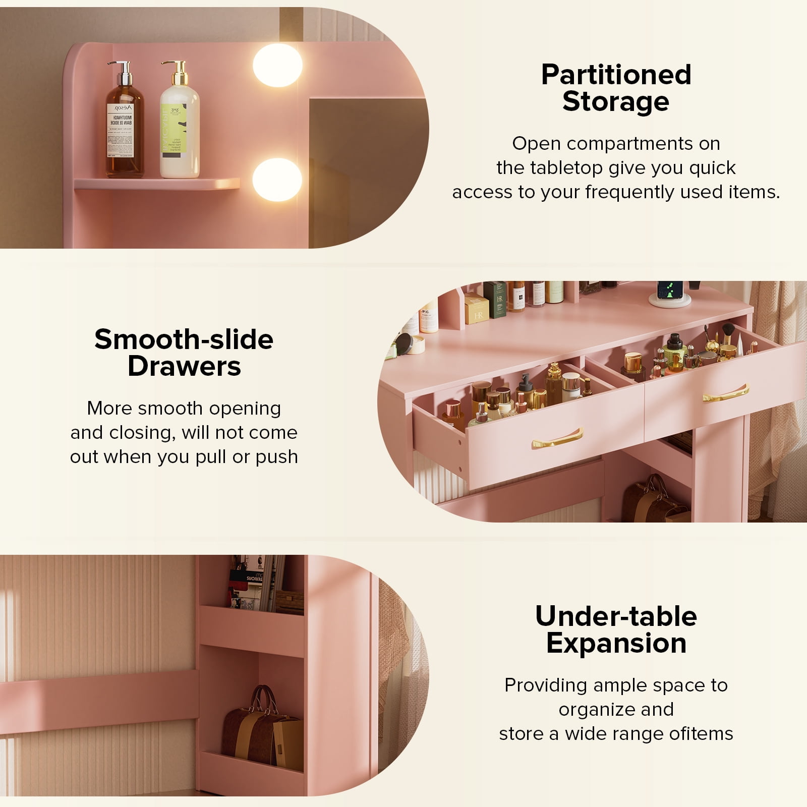 LUCKLIFE Vanity Desk with LED Lights Mirror & Power Outlet,Makeup Vanity Table for Women Girls Bedroom, Pink