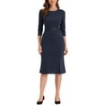 thumbnail image 1 of INSPIRE CHIC Robe Fourreau Femme Élégante Col Rond Manches 3/4 Fente Travail Ceinturée Robes Crayon TP Bleu Foncé, 1 of 6