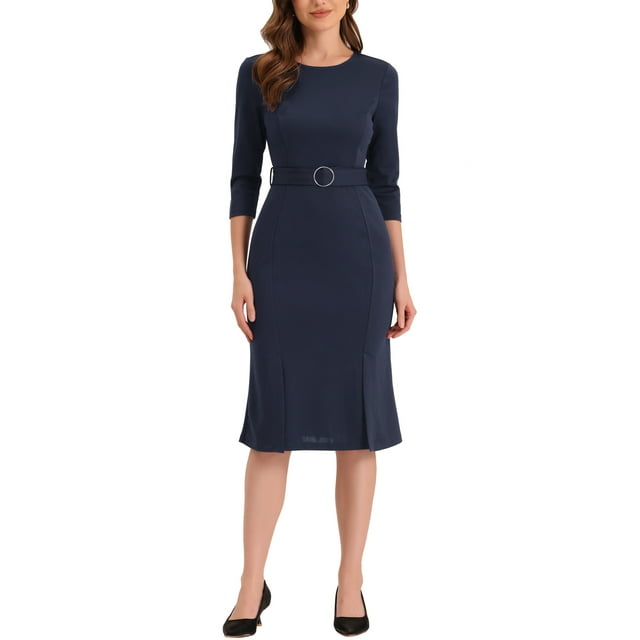 INSPIRE CHIC Robe Fourreau Femme Élégante Col Rond Manches 3/4 Fente Travail Ceinturée Robes Crayon TP Bleu Foncé