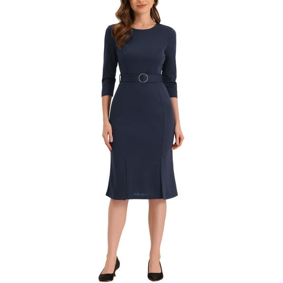 INSPIRE CHIC Women's Sheath Dress Elegant Crew Neck 3/4 Sleeve Slit Work Belted Pencil Dresses XS Dark Blue