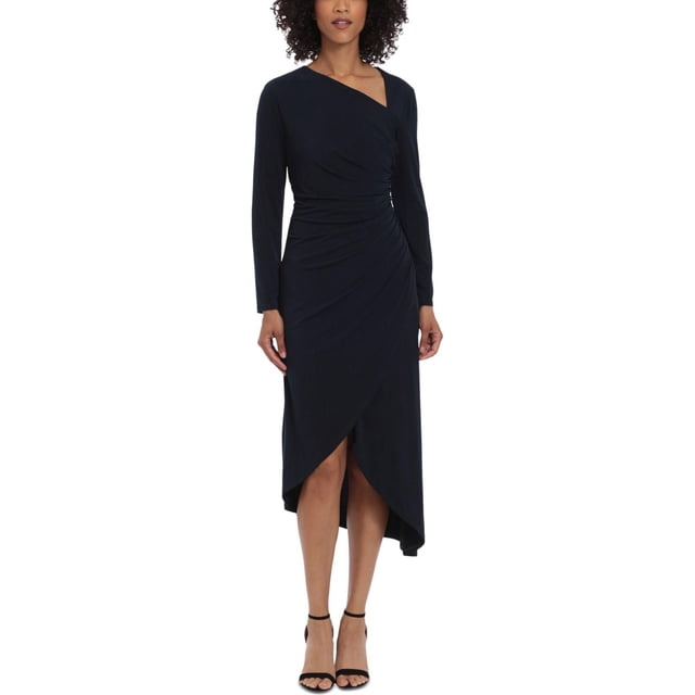 MAGGY LONDON Womens Solid Wrap Sheath Jersey Dress, Blue, 16