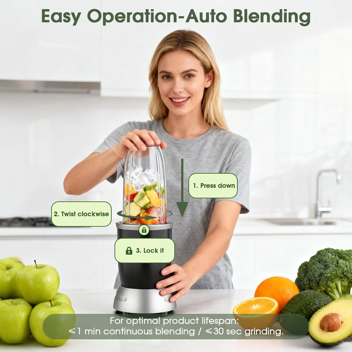 High-Speed Smoothie Blender 25000 RPM with 3 Cups and Dual Blades for Kitchen