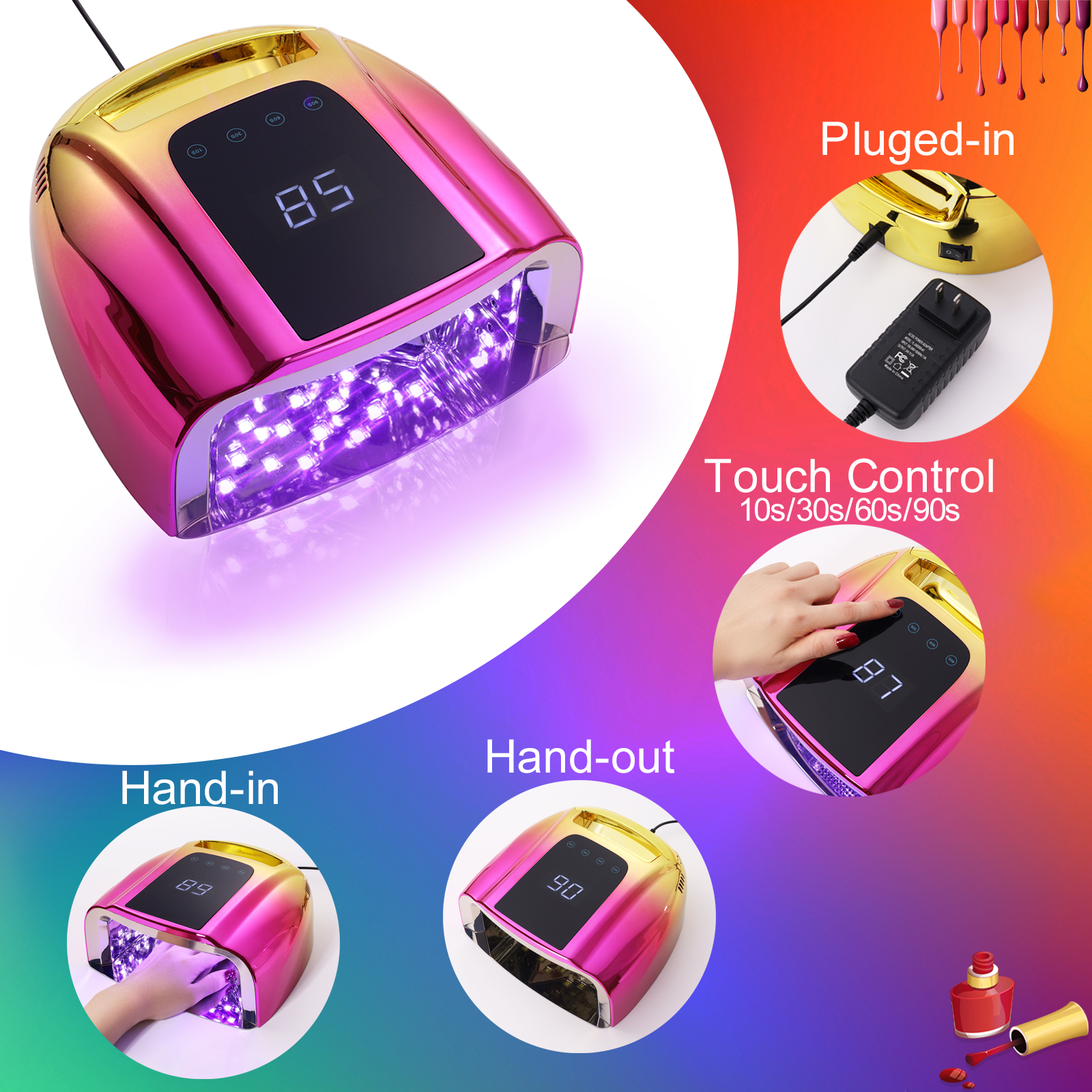 96W UV Nail Lamp Not Rechargeable Gel Lamp Professional LED Nail Light Dryer with Removable Stainless Steel Plate 4 Timers Auto Sensor Fast Curing for Home & Salon DIY Manicure