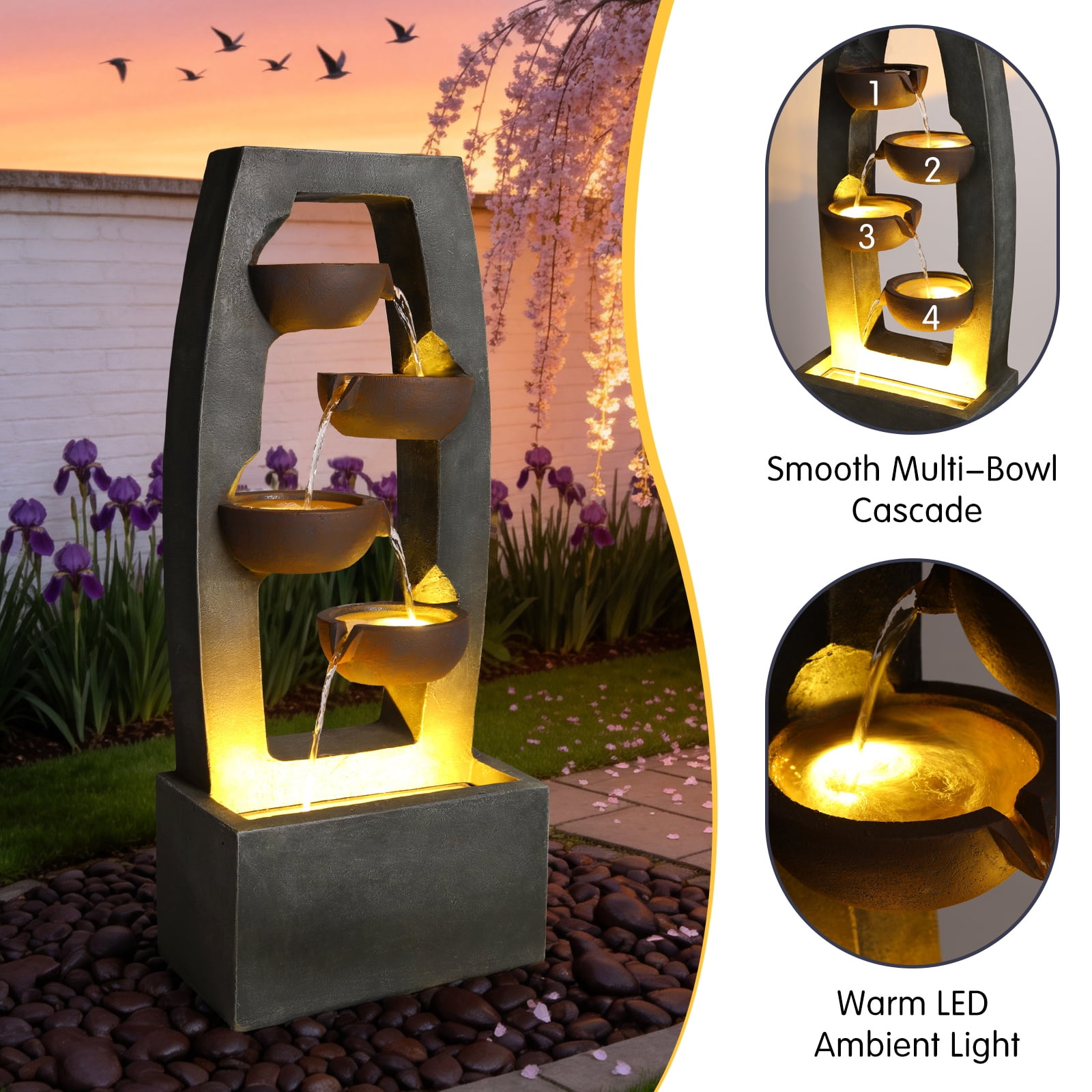 Mintazer 4 Tier Modern Cascading Waterfall Fountain with LED Lights, Outdoor Garden Fountain for Patio Yard Porch Landscape
