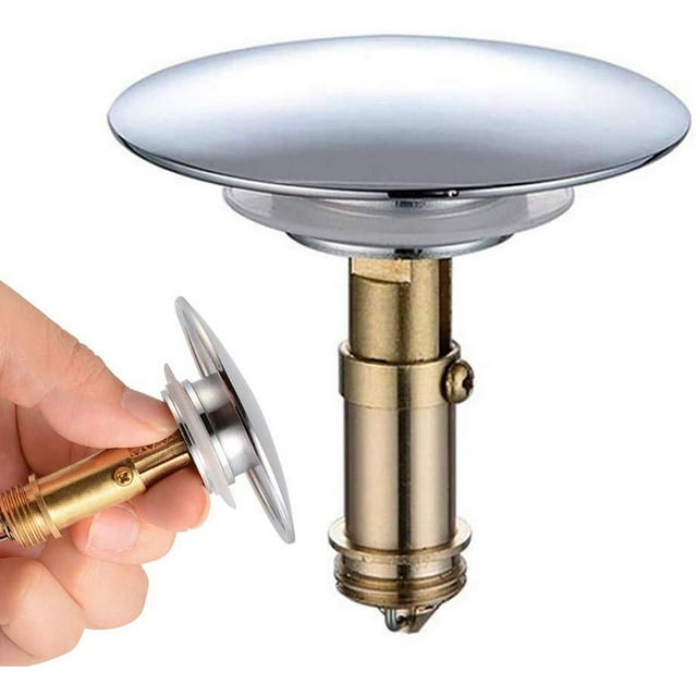 Brass Drain Plug, Pop Click Click Chrome Polished Brass Bathroom Sink Drain Plug with a 66mm diameter and 40mm height when closed. Features a universal fit for most tubs, a double rubber seal for secure water retention, and a durable chrome-polished brass construction. The image shows the drain plug with a smooth chrome cover and a detachable brass stopper, highlighting its stylish and functional design.
