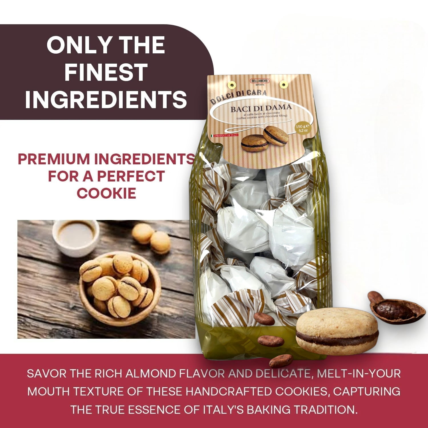 Italian Cookies, Hazelnut Cookies Filled with Rich Chocolate Filling, 300g (2 x 150g bags), Made in Italy - Baci Di Dama