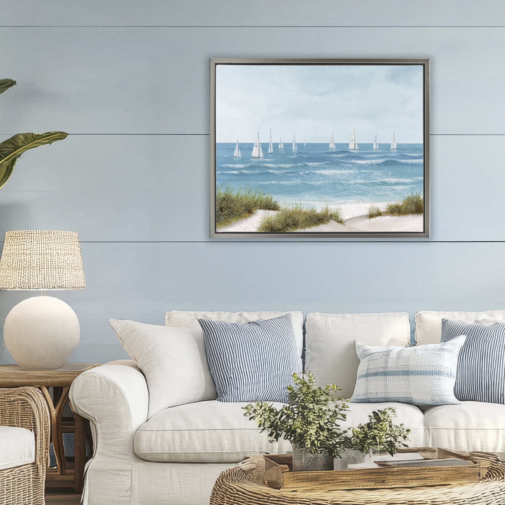 Stupell Industries Sail Away Seaside Boats Gray Framed Floater Canvas Wall Art, design by Lorenzo Collective