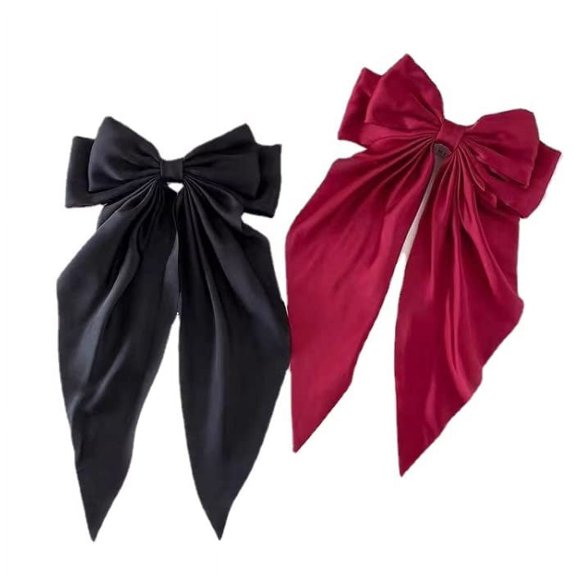 HLLMX Pinzas para el cabello con lazo sedoso de satén con cola larga, pasador francés y cinta, accesorios para el cabello para mujeres y niñas (rojo vino negro)