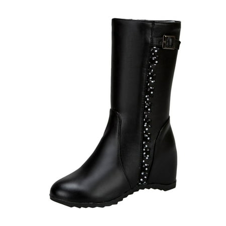 

Ladies Fashion Leather Lace Trim Belt Buckle Side Zipper Inner Heightening Middle Boots