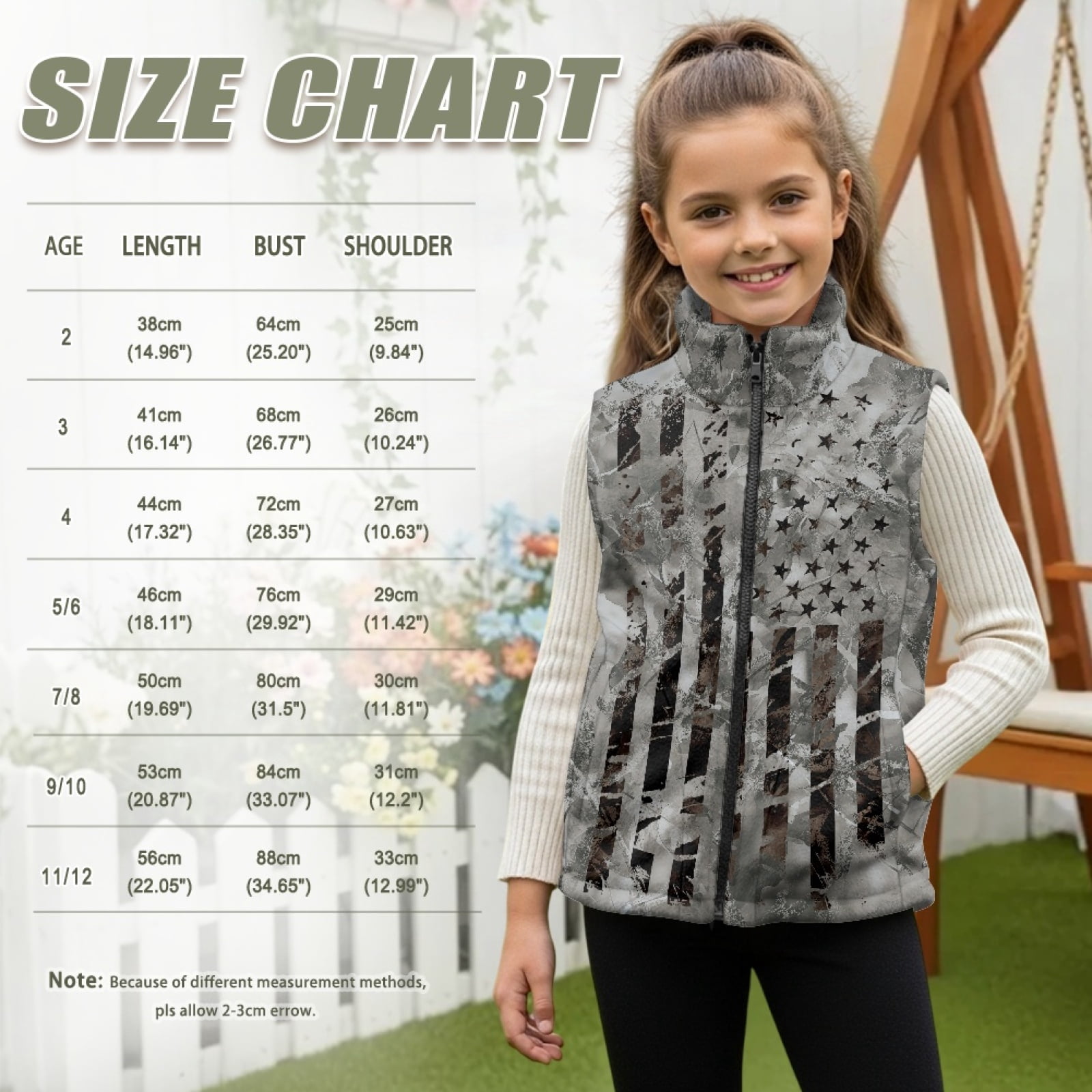 Xoenoiee American Flag Hunting Camo Print Boys Vest Lightweight Stand Collar Sleeveless Zip Up Outerwear Fleece Warm Jacket with 2 Pocket, Size 7-8 Years