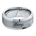 thumbnail image 2 of Tungsten Always Typography Writing Band Ring 8mm Men Women Comfort Fit Gray Step Bevel Edge Brushed Polished, 2 of 4