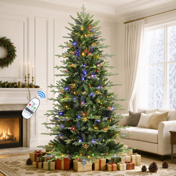 Lolsea 7ft Prelit Aspen Noble Fir Artificial Christmas Tree with Remote Control, Timer and Warm White & Multicolor LED Lights