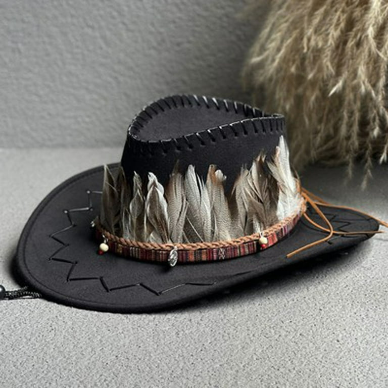 Women Men Western Cowboy Hat Retro Feather Fedora Hat for Hiking Rave Party  Travel Costume Accessories