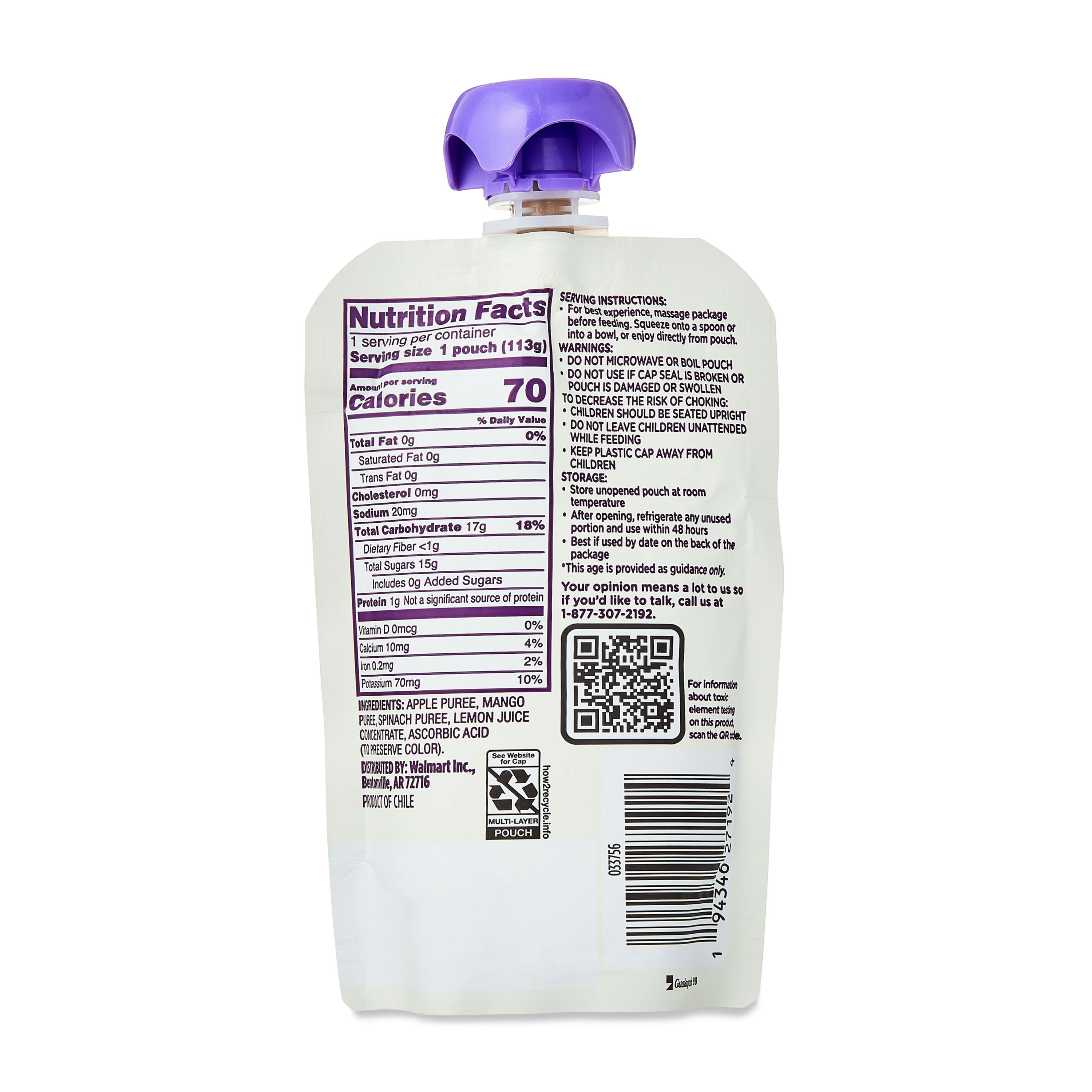 Comida para bebé etapa 2 de Parent's Choice, puré de manzana, mango y espinaca, bolsa de 4 oz 7
