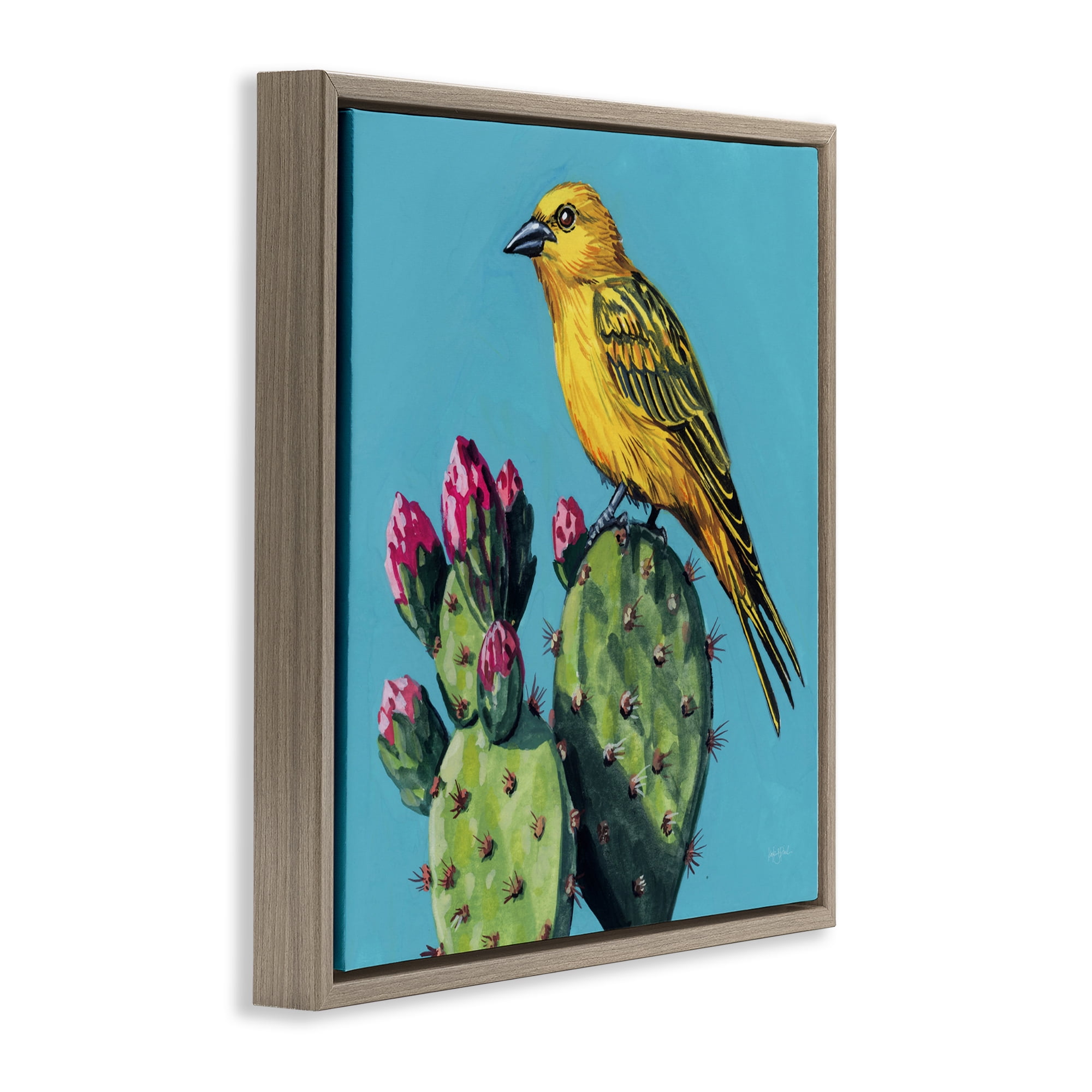 Stupell Industries Yellow Bird on Cacti Bloom Brown Framed Floater Canvas Wall Art, design by Kate Jarvik Birch